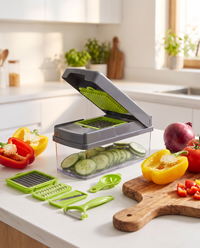 14-in-1 vegetable chopper on a kitchen counter with fresh vegetables